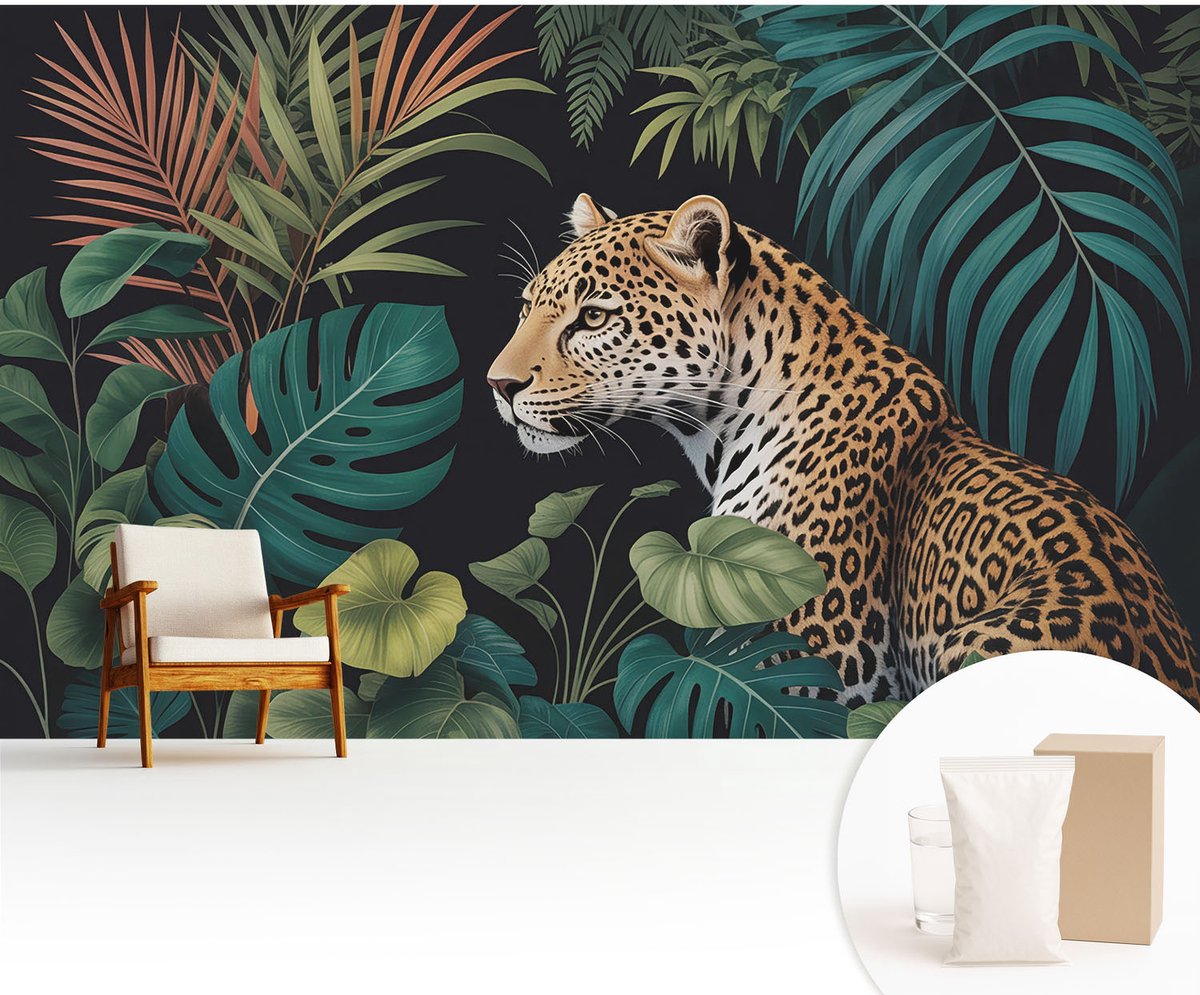 Wallfluent Fotobehang - Groente Vliesbehang - 416x254 cm - Exotische Luipaard Muurschildering - Gang behang Dieren - Fotobehang Vlies - Slaapkamer behang
