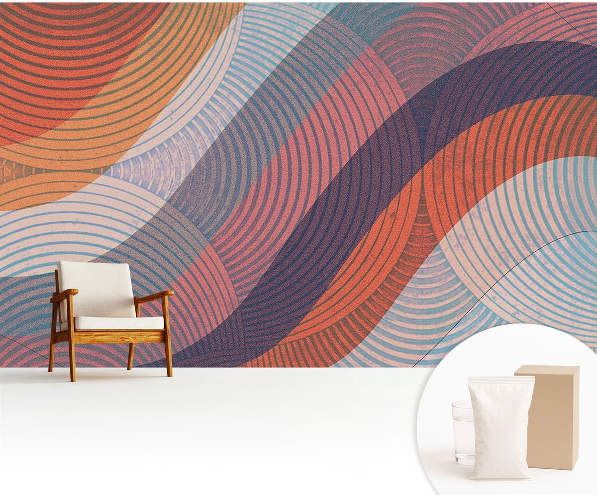 Wallfluent Fotobehang - Oranje Vliesbehang - 416x254 cm - Kleurrijke Golven Fotobehang Vlies - Hal behang Abstractie - Muurschildering - Woonkamer behang