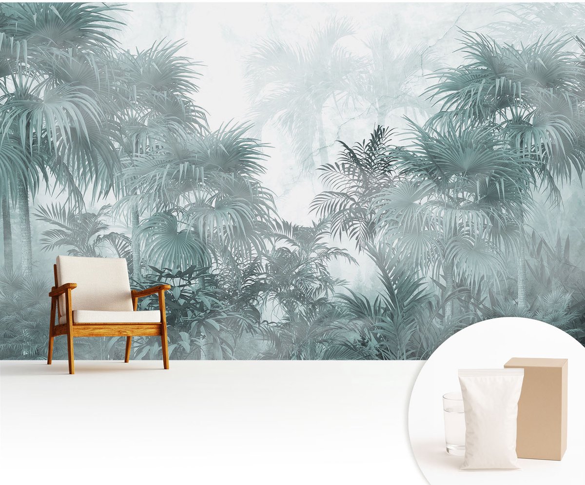 Wallfluent Fotobehang - Blauw Vliesbehang - 416x254 cm - Exotisch Groen Muurschildering - Gang behang Bloemen En Planten - Fotobehang Vlies - Gang behang