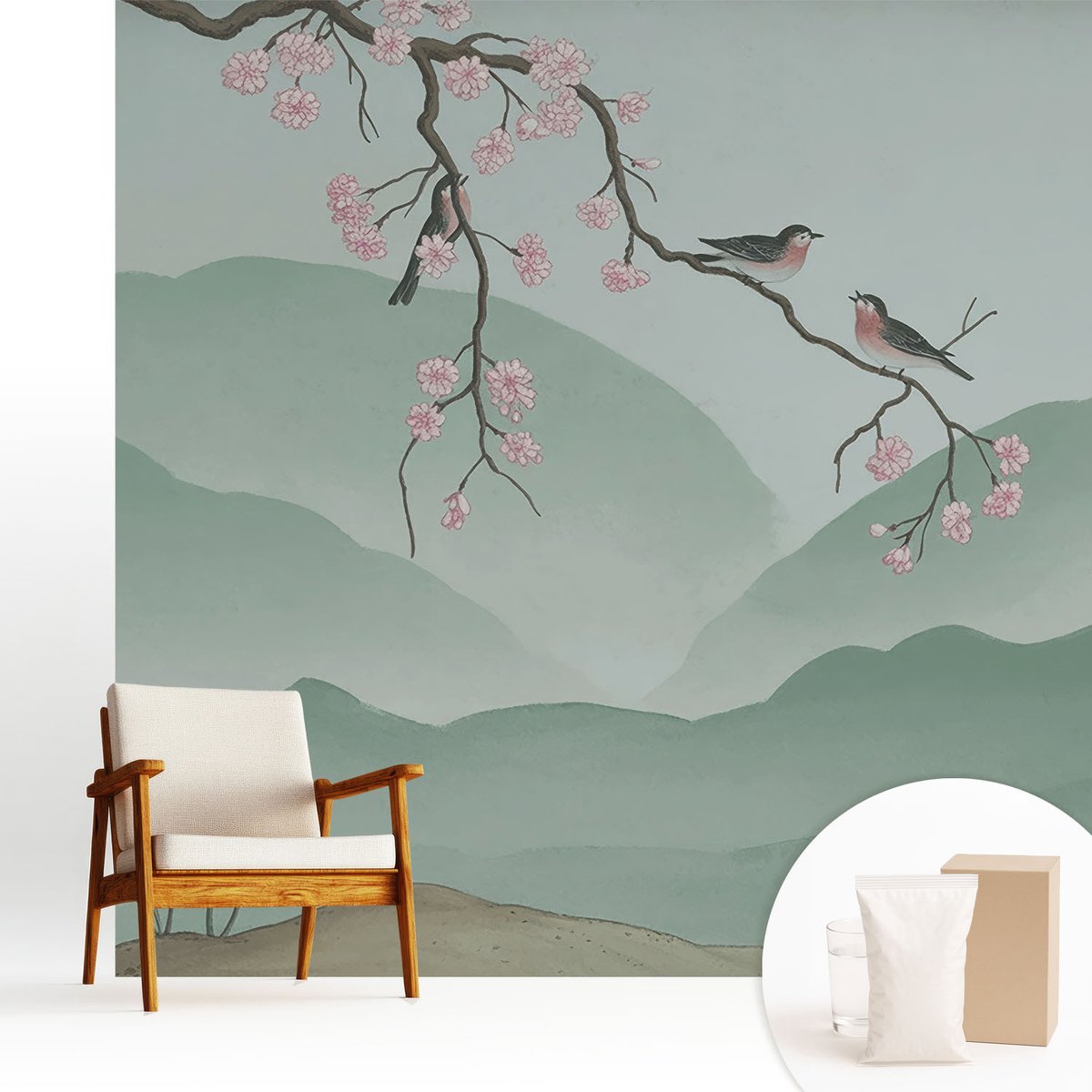 Wallfluent Fotobehang - Grijs Vliesbehang - 250x250 cm - Japanse Serenade Fotobehang Vlies - Woonkamer behang Bloemen En Planten - Muurschildering - Woonkamer behang