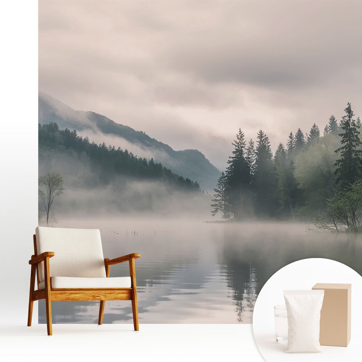 Wallfluent Fotobehang - Grijs Vliesbehang - 250x250 cm - Atmosferisch Meer Muurschildering - Gang behang Landschappen - Fotobehang Vlies - Gang behang