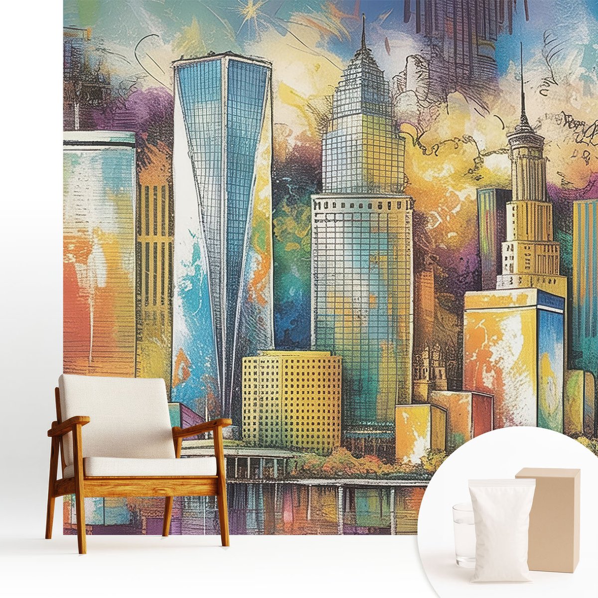 Wallfluent Fotobehang - Blauw Vliesbehang - 250x250 cm - Stadspanorama Muurschildering - Slaapkamer behang Architectuur - Fotobehang Vlies - Slaapkamer behang