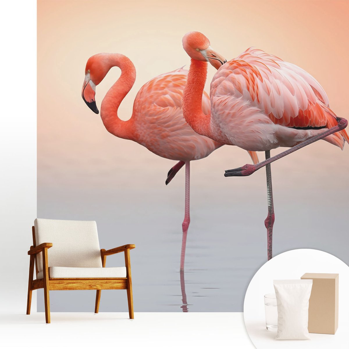 Wallfluent Fotobehang - Oranje Vliesbehang - 250x250 cm - Delicate Flamingo'S Fotobehang Vlies - Woonkamer behang Dieren - Muurschildering - Hal behang