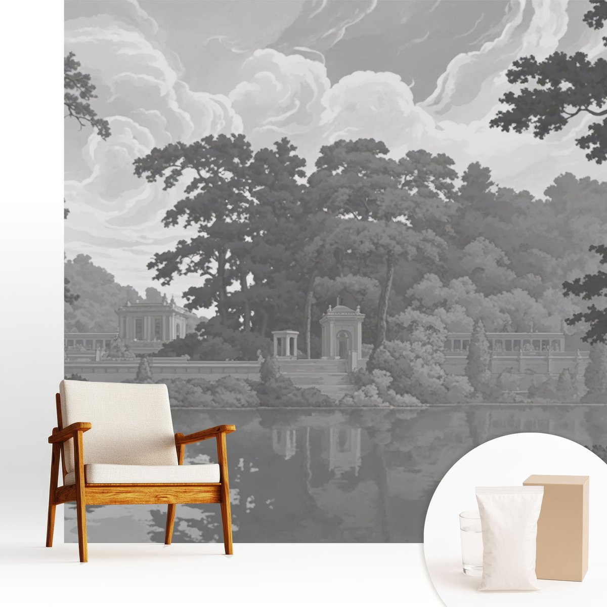 Wallfluent Fotobehang - Zwart-Wit Vliesbehang - 250x250 cm - Natuurlijk Landschap Muurschildering - Slaapkamer behang Landschappen - Fotobehang Vlies - Slaapkamer behang