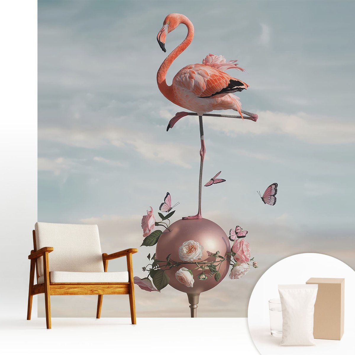 Wallfluent Fotobehang - Blauw Vliesbehang - 250x250 cm - Elegante Flamingo Fotobehang Vlies - Woonkamer behang Dieren - Muurschildering - Woonkamer behang