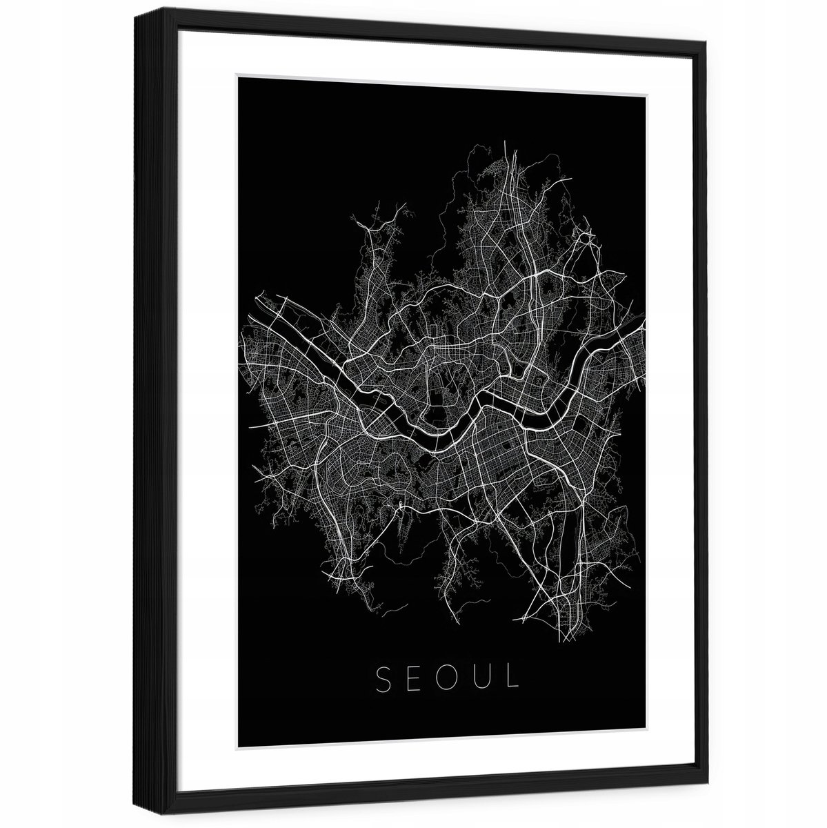 WALLARENA Schilderij met reliëf en passe-partout 90x60 cm - zwarte lijst - skyline van Seoul in loftstijl - wanddecoratie voor woonkamer en slaapkamer