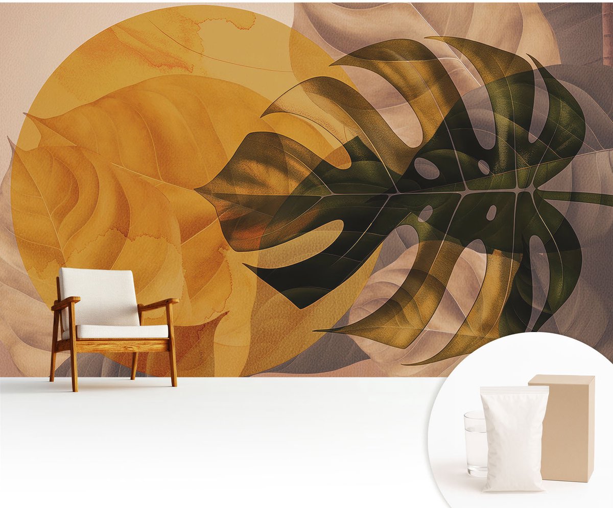 Wallfluent Fotobehang - Oranje Vliesbehang - 416x254 cm - Abstracte Bladeren Fotobehang Vlies - Woonkamer behang Bloemen En Planten - Muurschildering - Woonkamer behang