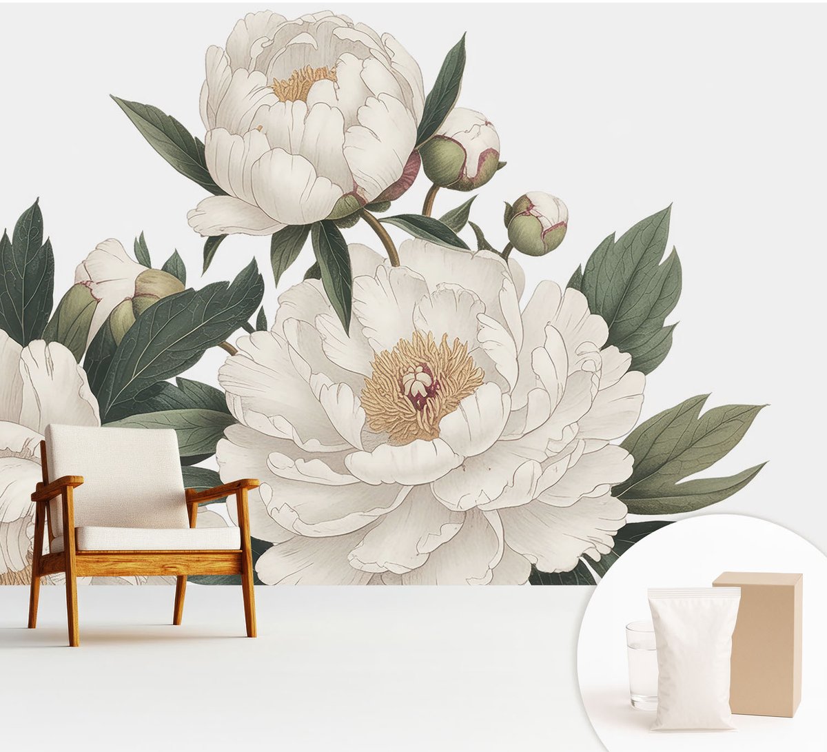 Wallfluent Fotobehang - Wit Vliesbehang - 312x219 cm - Witte Pioenrozen Fotobehang Vlies - Hal behang Bloemen En Planten - Muurschildering - Woonkamer behang