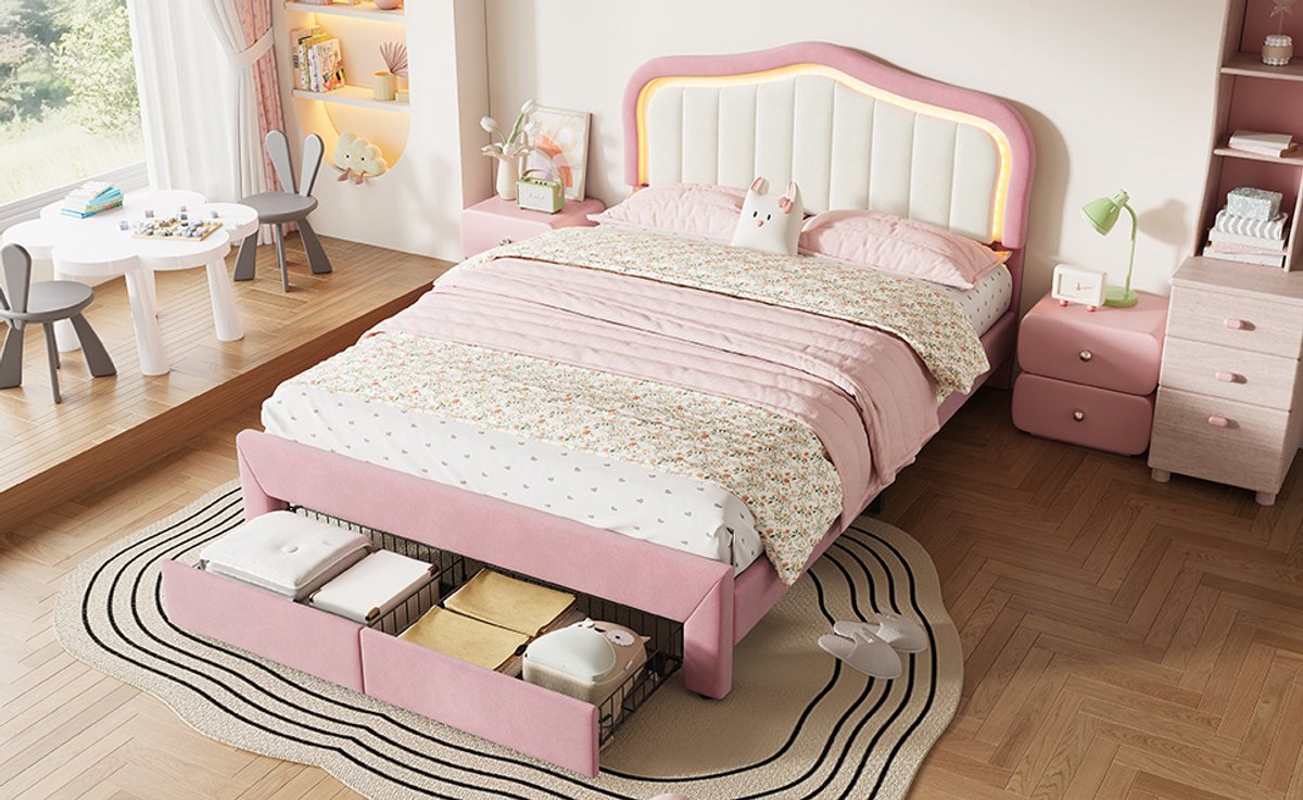 MODENUIT Kinderbed – 140 x 200 Cm – Met 2 Lades En Appgestuurde Ledverlichting – Stof – Roze – Kinderkamergebruik