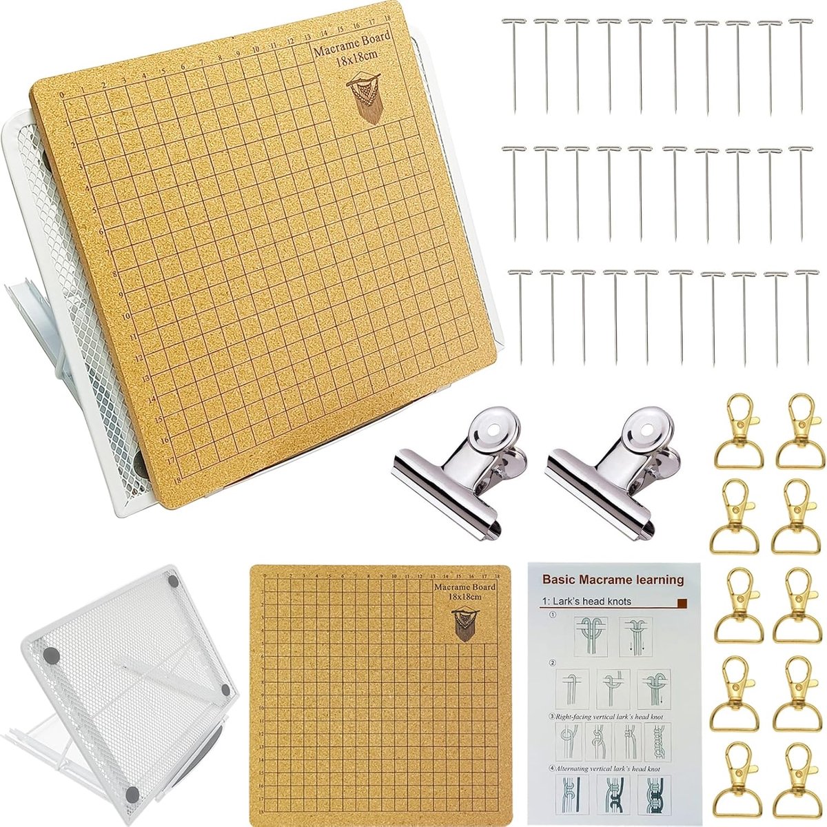 Macrame-accessoires met macramé bord, T-pennen, verstelbare metalen standaard, macramé gereedschapsbenodigdheden, vlechtwerk, helper board voor doe-het-zelf knopen