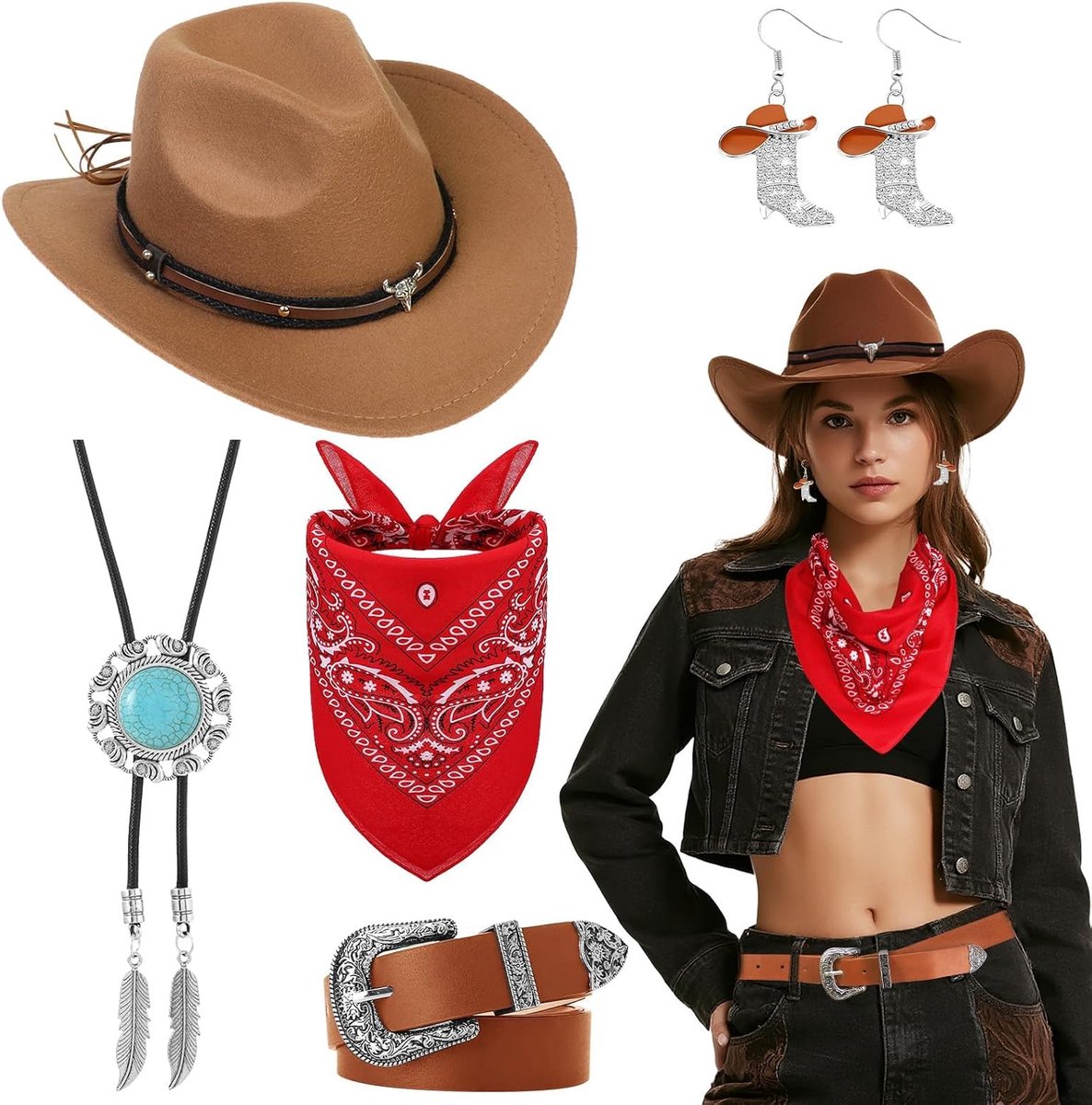 5 stuks western cowgirlhoedset voor dames, cowgirl kostuum, accessoireset met hoed, halsketting, oorbellen, riem, bandana, voor Halloween, gemaskerd bal, cosplay feestjes