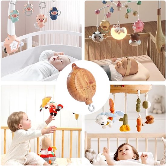 Muziekdoos, houtlook, muziekbox, bedbel, kinderbed, mobiele motor, bedbel, hanger, babybed, decoratie, elektrische babymuziekdoos met 35 schattige melodie, babybeddengoed, roterende — afbeelding 5