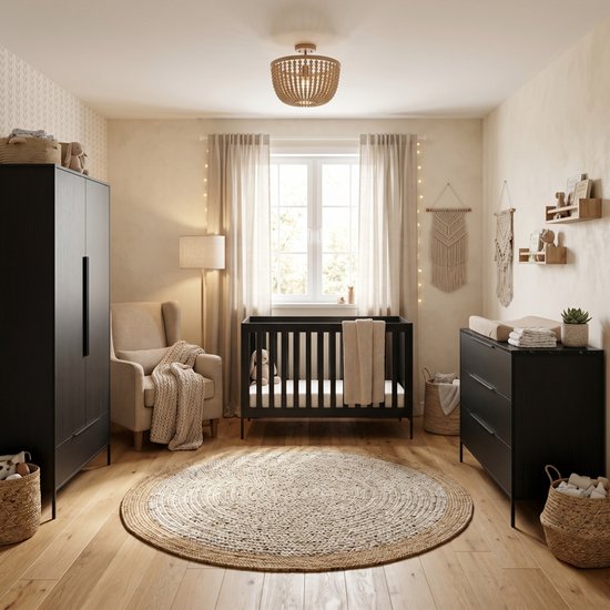 Complete babykamer Born Lucky met zwart houten ledikant, commode en kledingkast, aangekleed met beige en natuurlijke tinten.