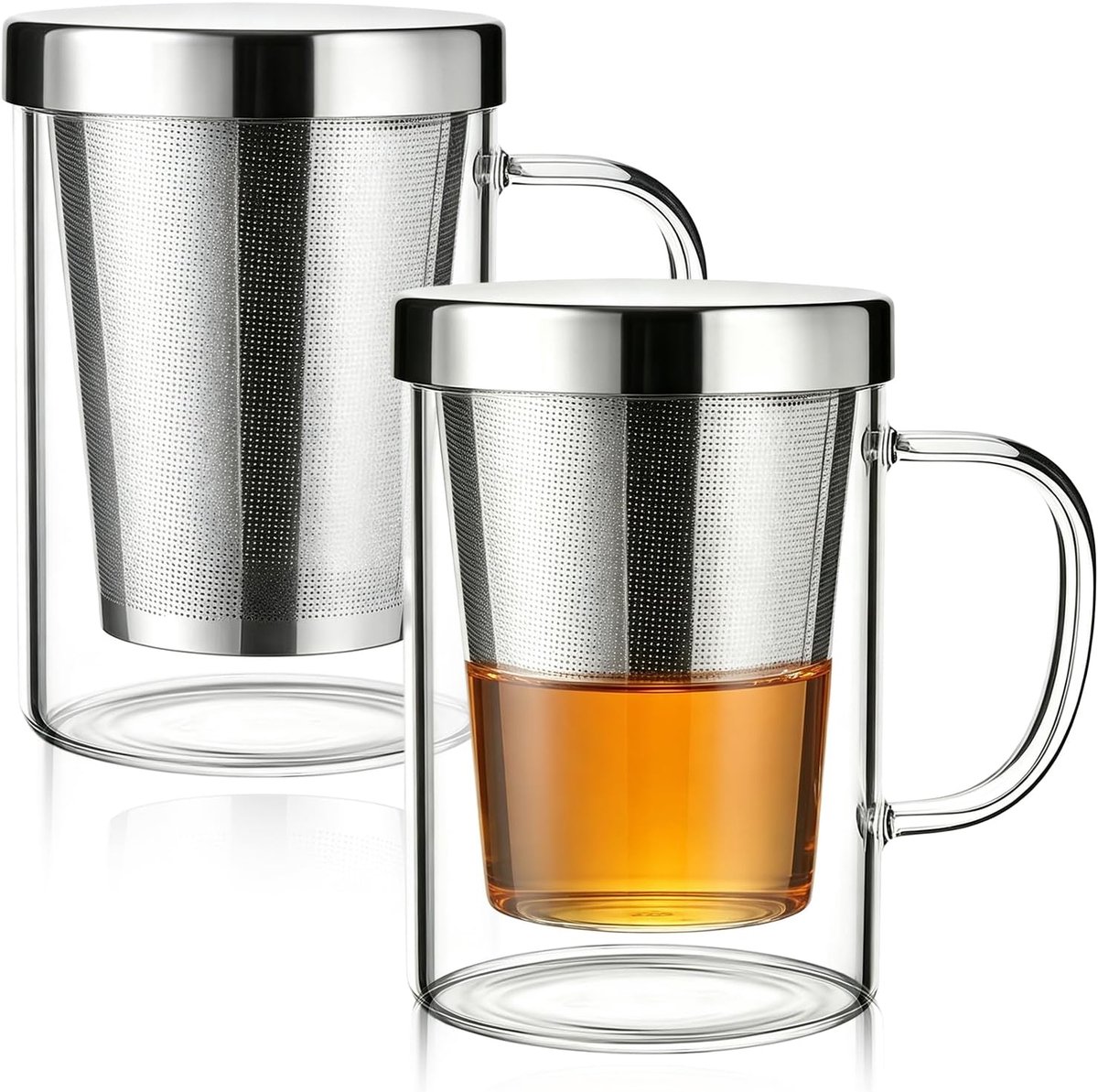 2 stuks theekop van borosilicaatglas, 500 ml, theekop met afneembare zeef, theekop met theezeefdeksel, theekop met theezeef, voor infusies, borosilicaatglas, roestvrij staal