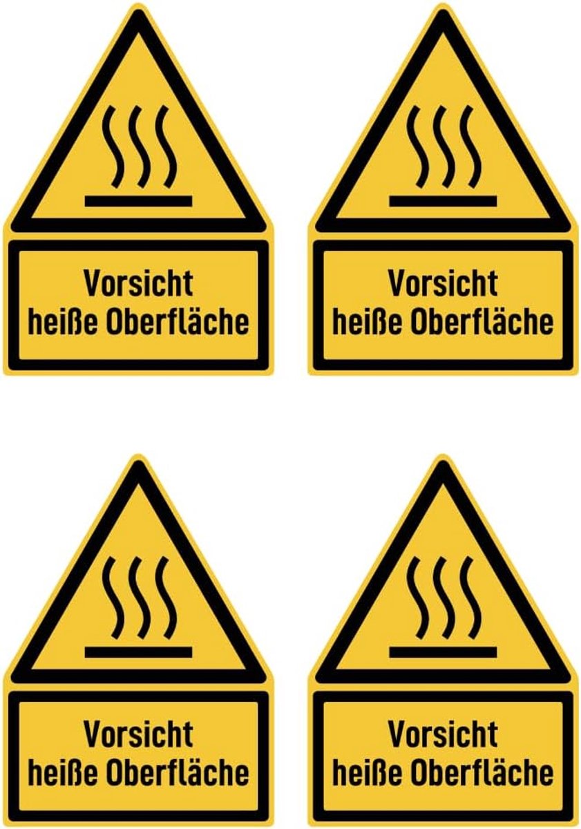 150x100 mm, 4 stuks - voorzichtig heet oppervlak - waarschuwingsteken met tekst (Duits) (geel/zwart) - driehoek - W017 - DIN EN ISO 7010 / ASR A1.3