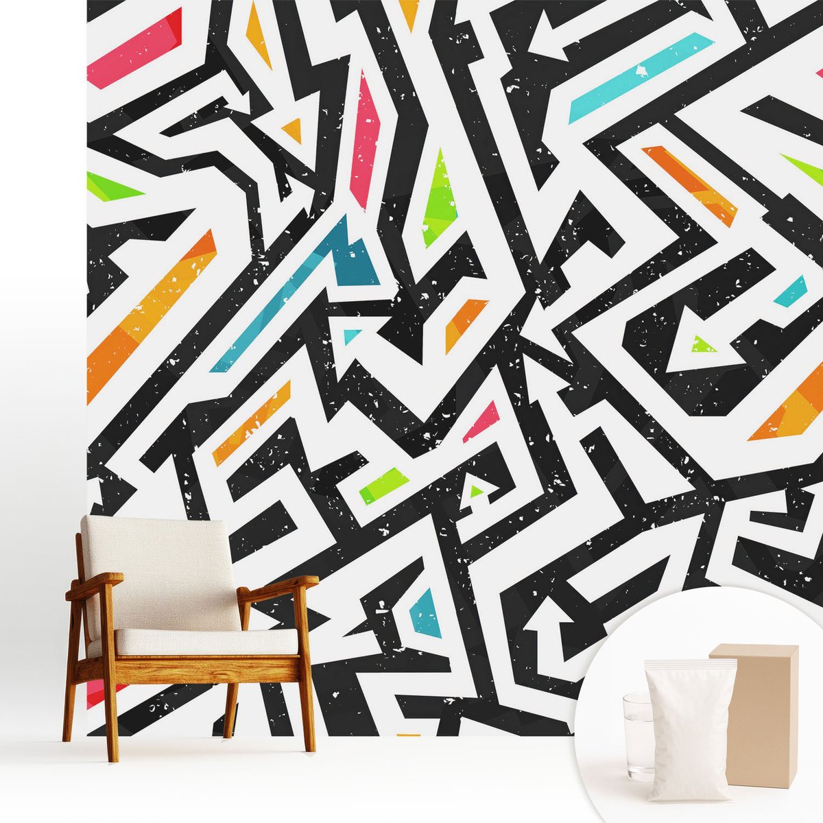 Wallfluent Fotobehang - Zwart Vliesbehang - 250x250 cm - Abstracte Mozaïek Fotobehang Vlies - Woonkamer behang Geometrie - Muurschildering - Woonkamer behang
