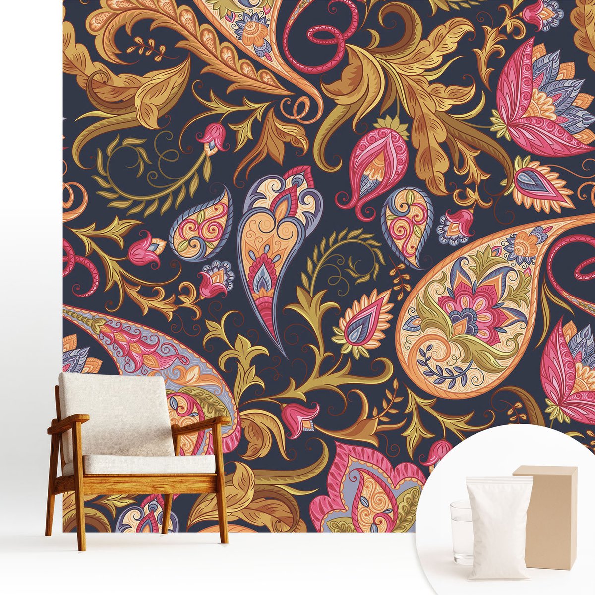 Wallfluent Fotobehang - Marine Vliesbehang - 250x250 cm - Kleurrijk Paisley-Patroon Muurschildering - Slaapkamer behang Achtergronden En Patronen - Fotobehang Vlies - Slaapkamer behang