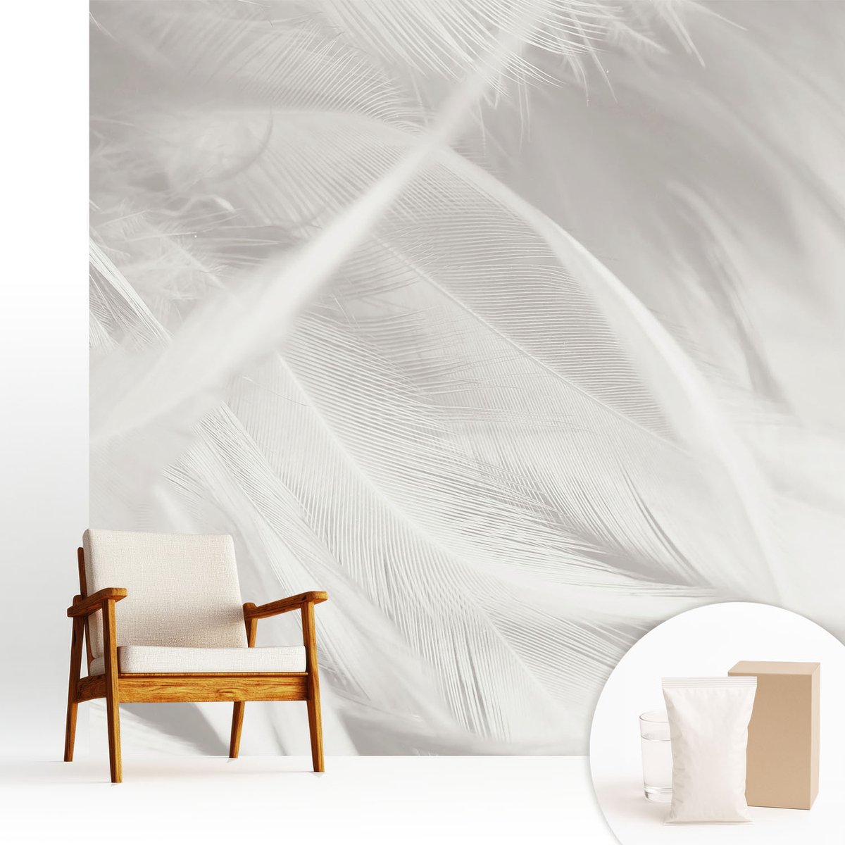Wallfluent Fotobehang - Wit Vliesbehang - 250x250 cm - Subtiele Veren Muurschildering - Slaapkamer behang Texturen - Fotobehang Vlies - Slaapkamer behang