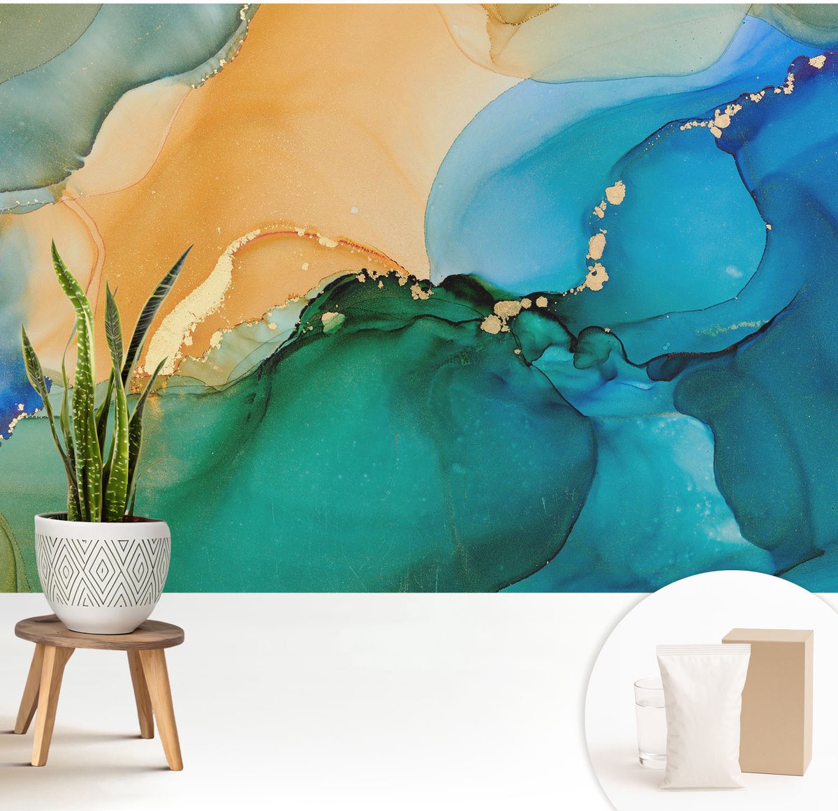 Wallfluent Fotobehang - Blauw Vliesbehang - 208x146 cm - Kleurrijke Golven Fotobehang Vlies - Woonkamer behang Abstractie - Muurschildering - Woonkamer behang