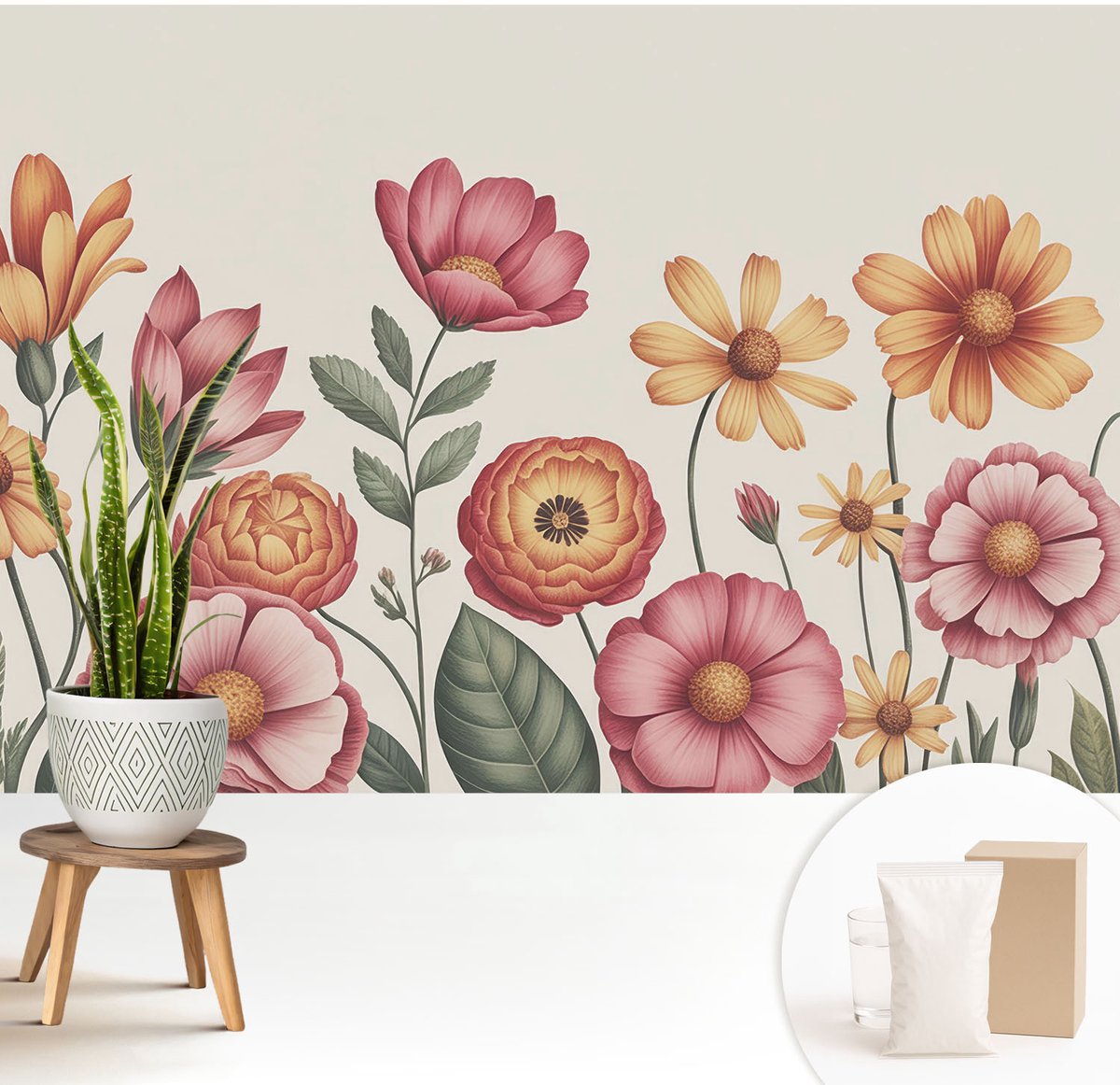 Wallfluent Fotobehang - Roze Vliesbehang - 208x146 cm - Bloemarrangement Fotobehang Vlies - Woonkamer behang Bloemen En Planten - Muurschildering - Woonkamer behang