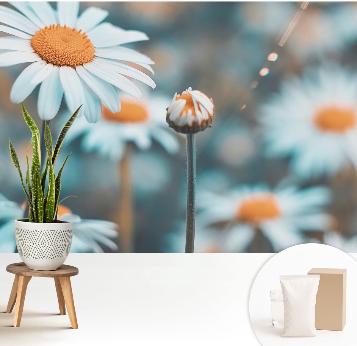 Wallfluent Fotobehang - Blauw Vliesbehang - 208x146 cm - Kamille Delicatesse Fotobehang Vlies - Hal behang Bloemen En Planten - Muurschildering - Woonkamer behang