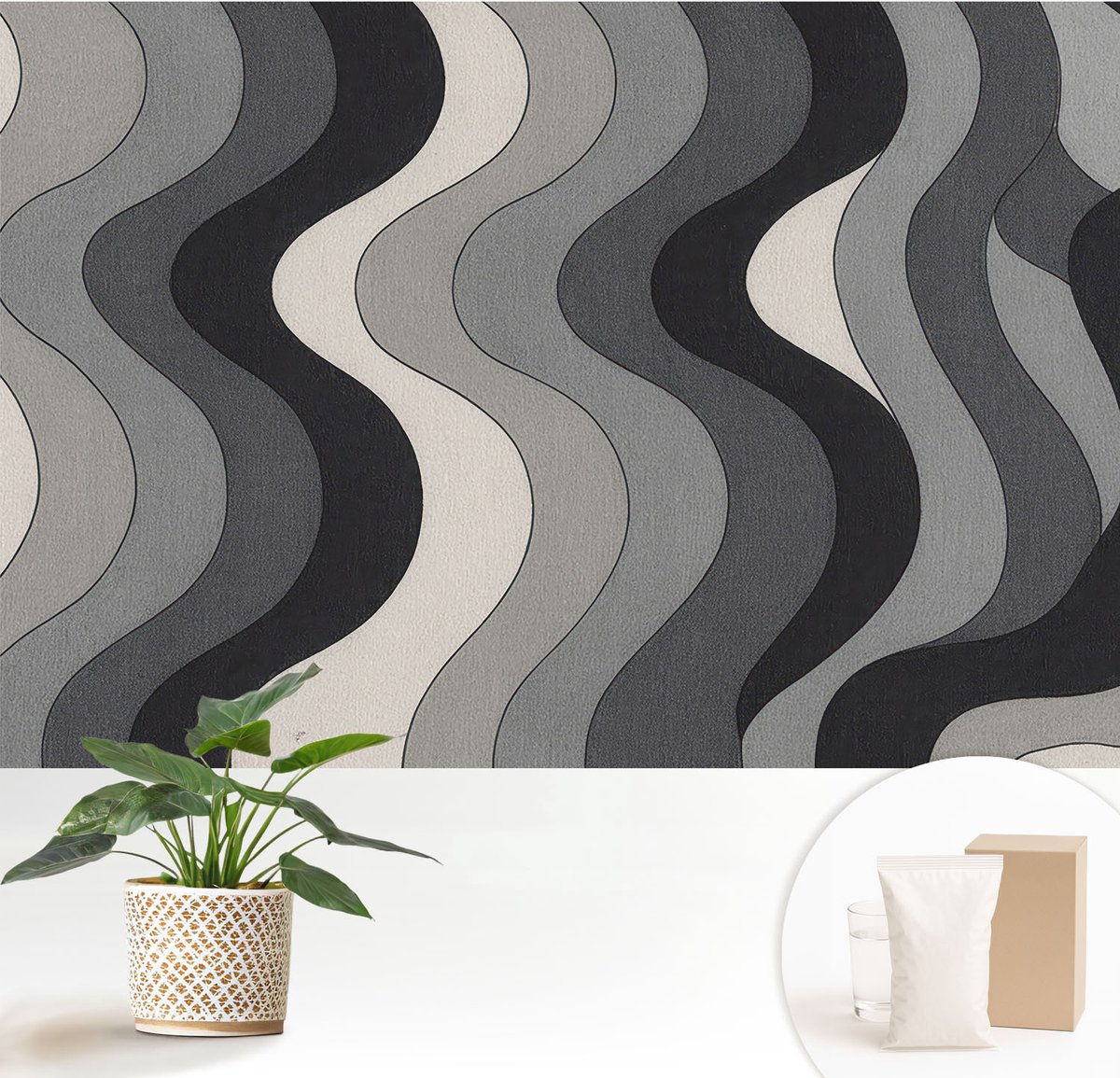 Wallfluent Fotobehang - Grijs Vliesbehang - 152x104 cm - Grijze Golven Fotobehang Vlies - Hal behang Geometrie - Muurschildering - Woonkamer behang