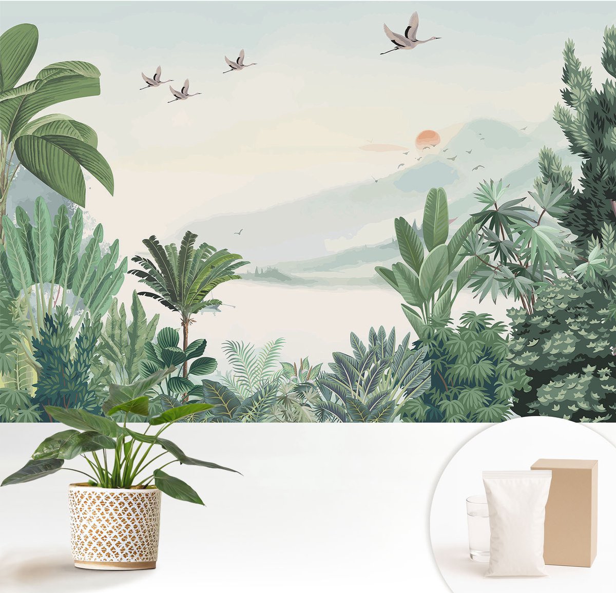 Wallfluent Fotobehang - Groente Vliesbehang - 152x104 cm - Tropische Oase Fotobehang Vlies - Hal behang Landschappen - Muurschildering - Woonkamer behang