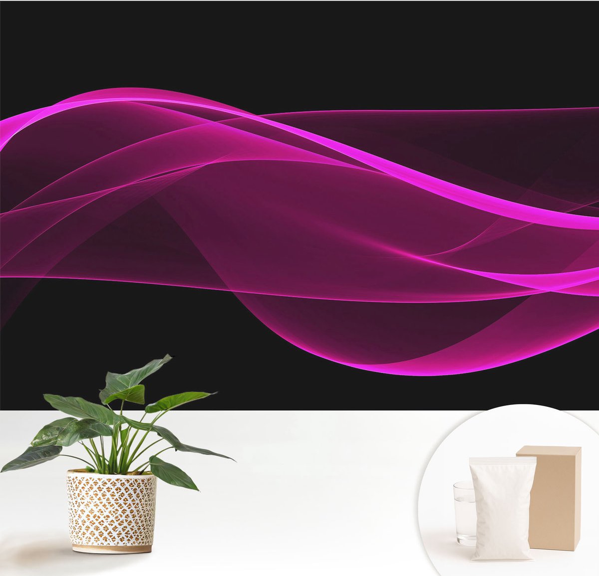 Wallfluent Fotobehang - Zwart Vliesbehang - 152x104 cm - Roze Linten Fotobehang Vlies - Hal behang Abstractie - Muurschildering - Woonkamer behang