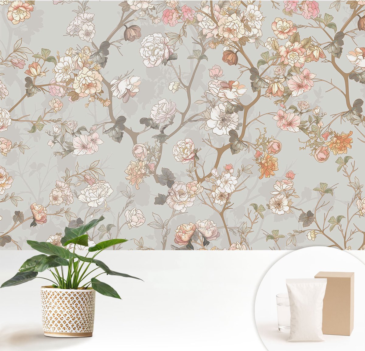Wallfluent Fotobehang - Grijs Vliesbehang - 152x104 cm - Romantisch Patroon Fotobehang Vlies - Hal behang Bloemen En Planten - Muurschildering - Woonkamer behang