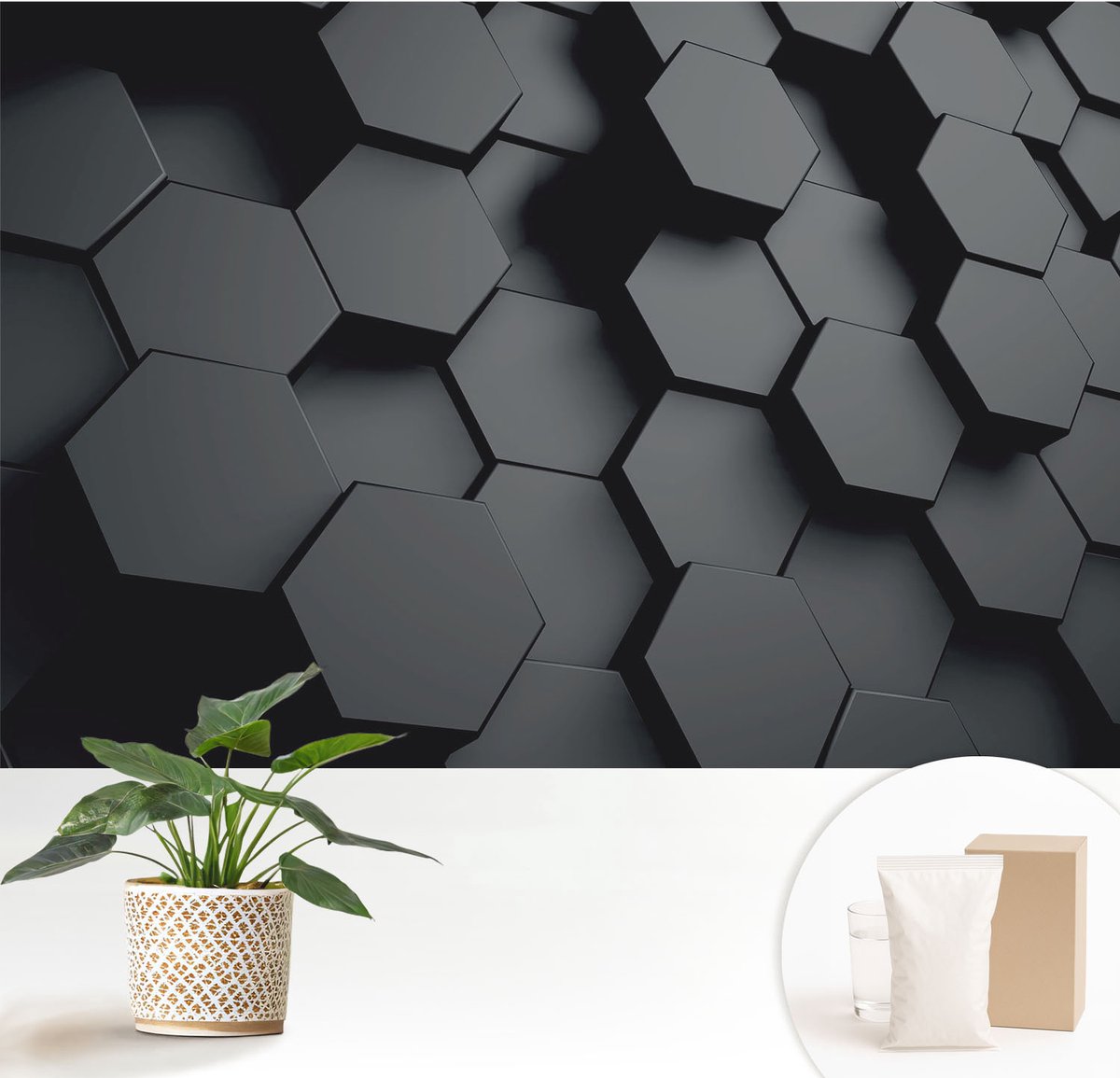Wallfluent Fotobehang - Zwart Vliesbehang - 152x104 cm - 3D-Zeshoeken Muurschildering - Gang behang Geometrie - Fotobehang Vlies - Slaapkamer behang