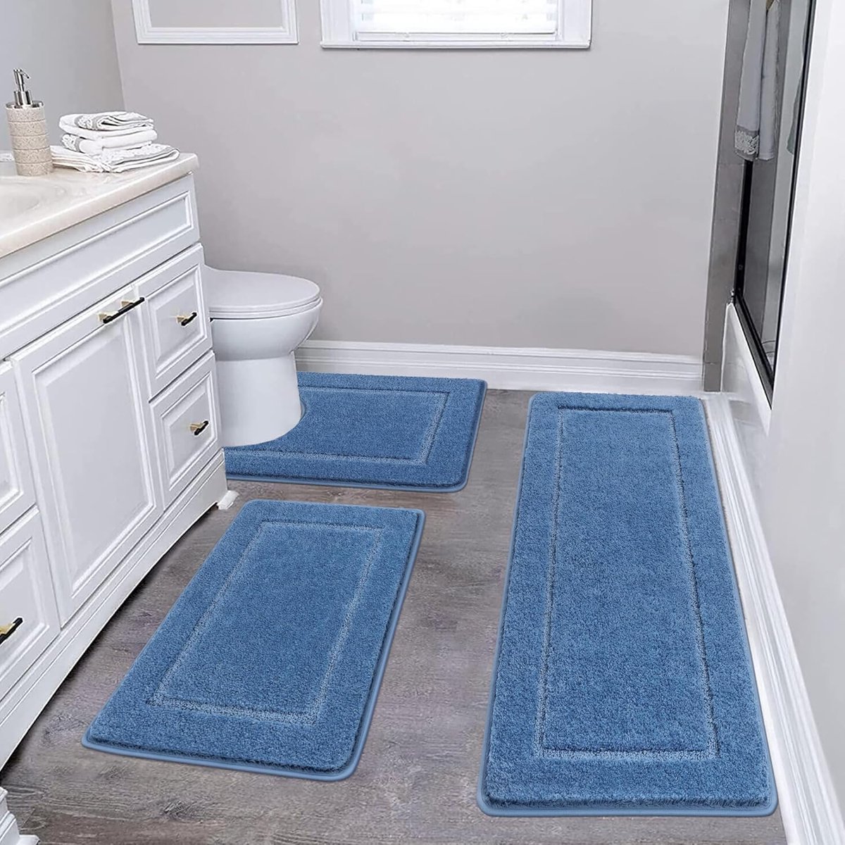SnelShoppen - 3-delige Badkamermatset Antislip - Machinewasbare Waterabsorberende Badmatten en Toiletmat - Blauw voor Badkamer, Douche en Toilet