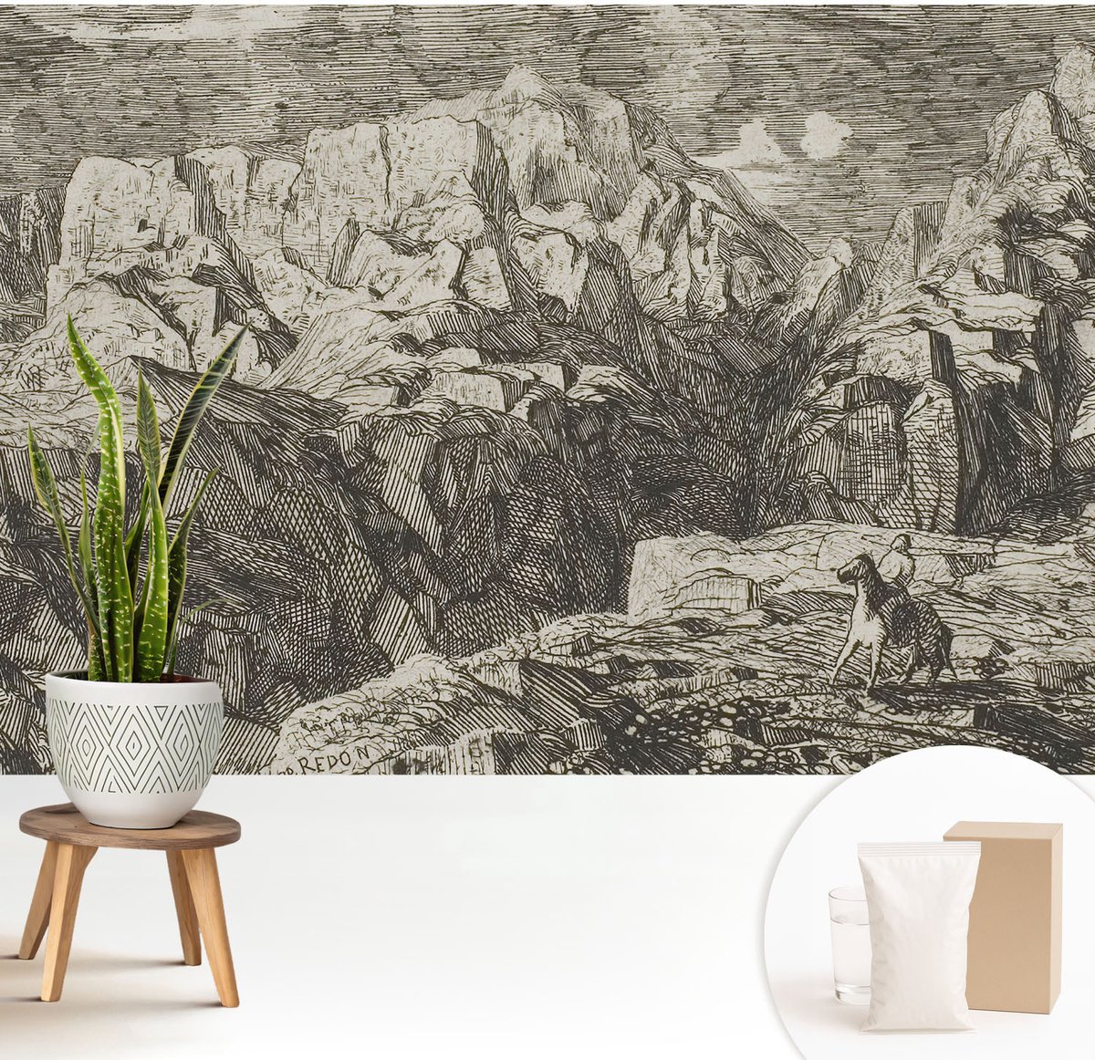 Wallfluent Fotobehang - Grijs Vliesbehang - 208x146 cm - Berglandschap Muurschildering - Gang behang Landschappen - Fotobehang Vlies - Slaapkamer behang