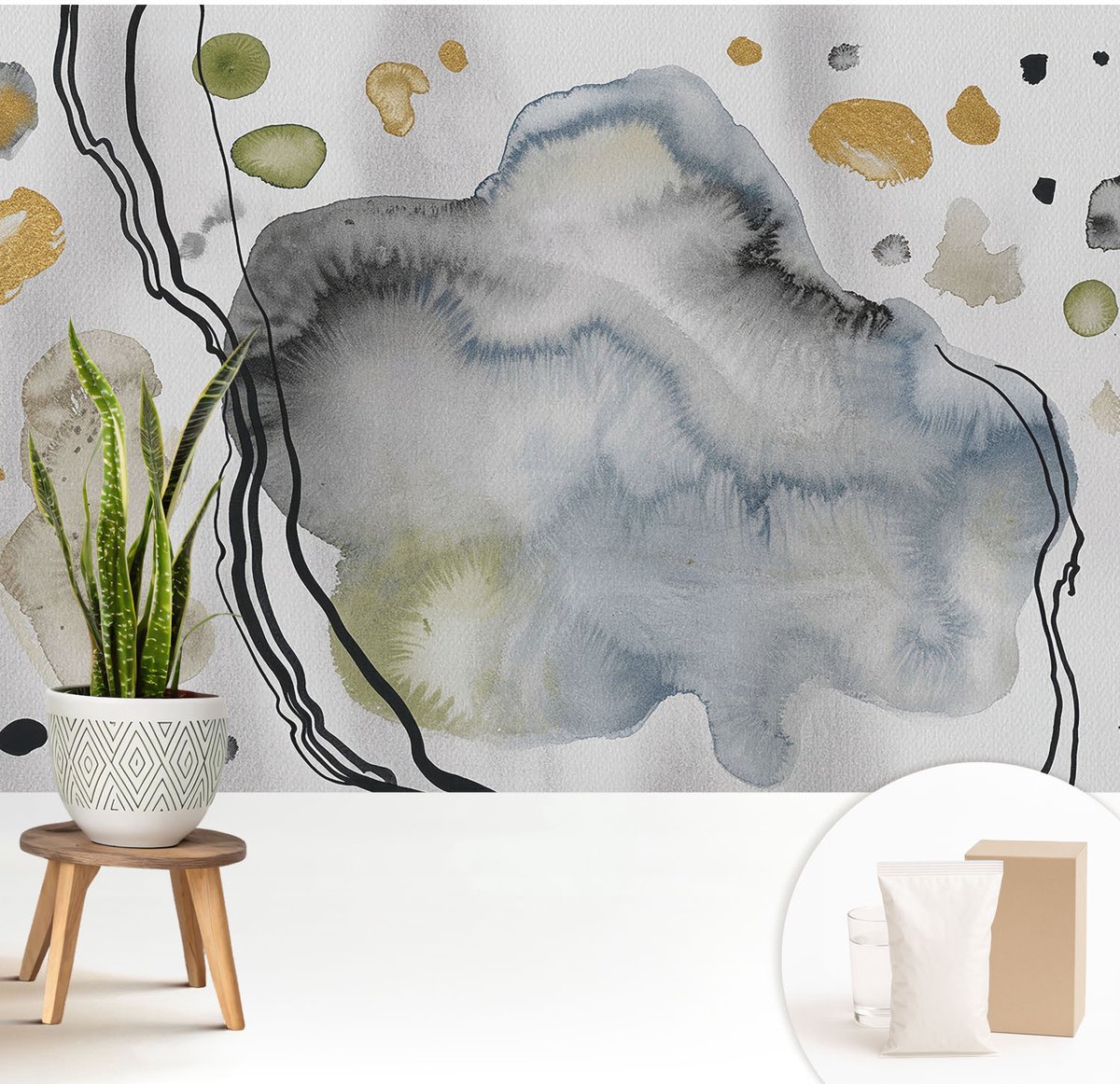 Wallfluent Fotobehang - Grijs Vliesbehang - 208x146 cm - Abstracte Aquarel Muurschildering - Gang behang Abstractie - Fotobehang Vlies - Slaapkamer behang