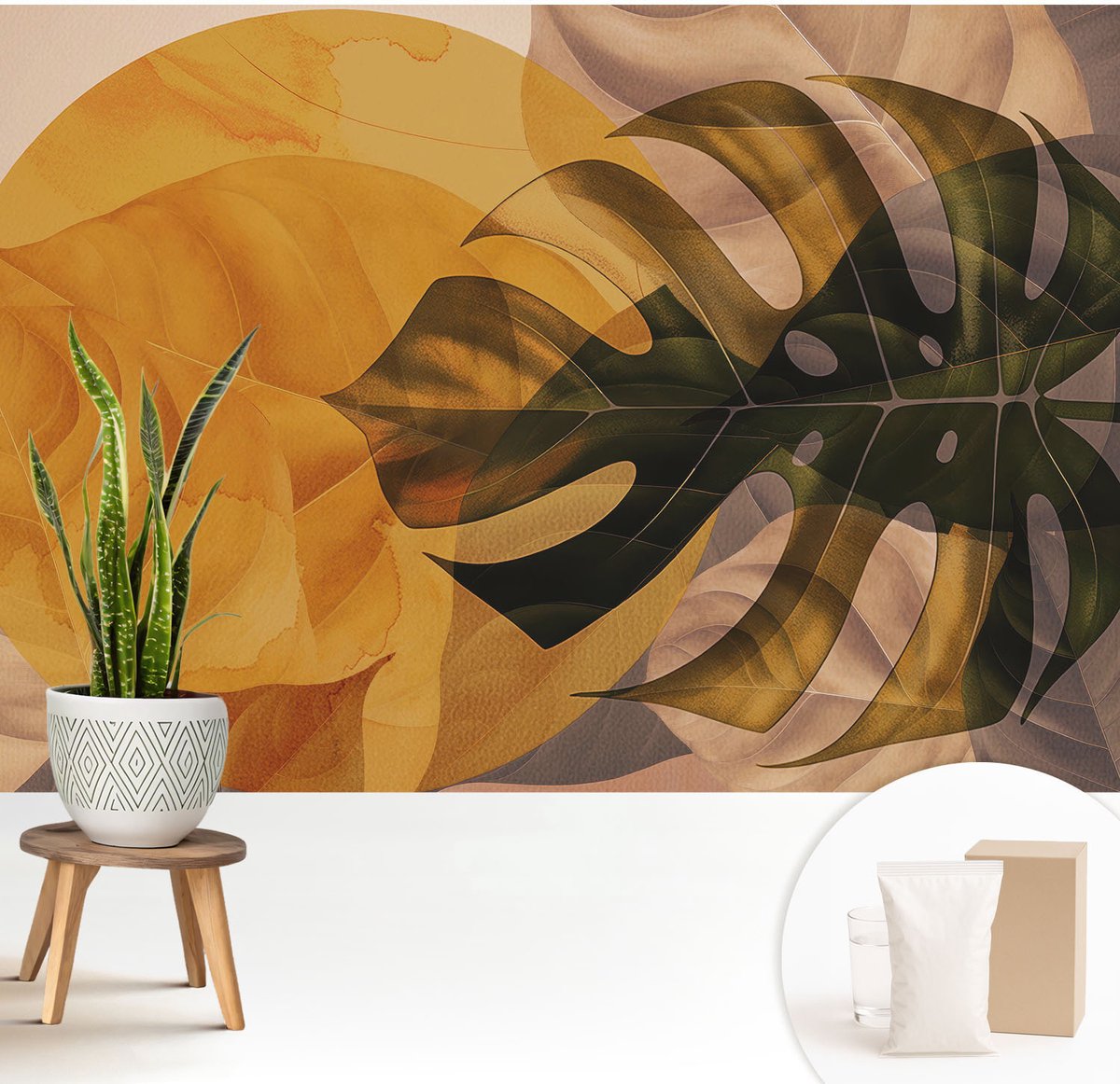 Wallfluent Fotobehang - Oranje Vliesbehang - 208x146 cm - Abstracte Bladeren Fotobehang Vlies - Hal behang Bloemen En Planten - Muurschildering - Woonkamer behang
