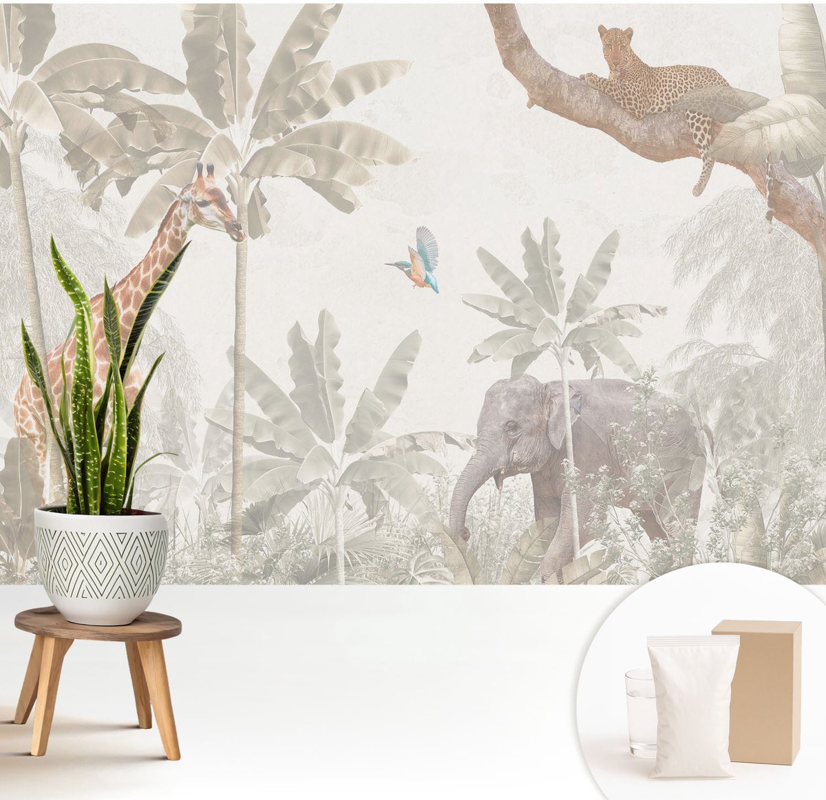 Wallfluent Fotobehang - Wit Vliesbehang - 208x146 cm - Tropische Oase Fotobehang Vlies - Woonkamer behang Dieren - Muurschildering - Hal behang