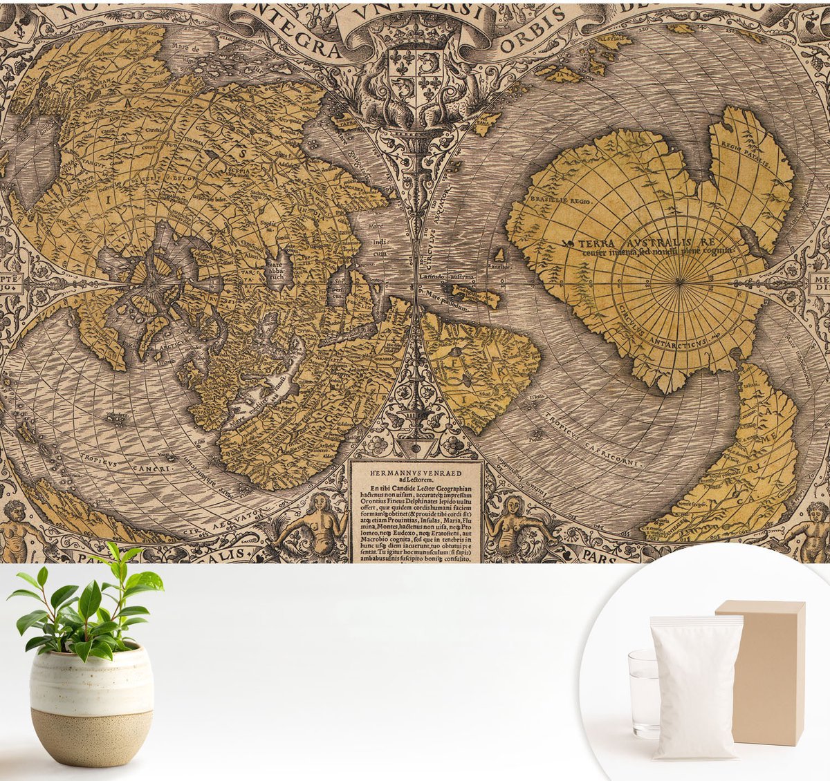 Wallfluent Fotobehang - Geel Vliesbehang - 104x70 cm - Historische Cartografie Muurschildering - Slaapkamer behang Kaarten - Fotobehang Vlies - Slaapkamer behang