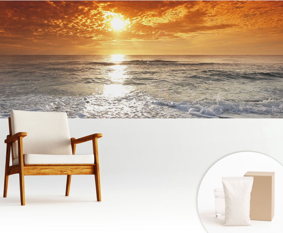 Wallfluent Fotobehang - Geel Vliesbehang - 250x104 cm - Oceaangolven Fotobehang Vlies - Woonkamer behang Landschappen - Muurschildering - Hal behang