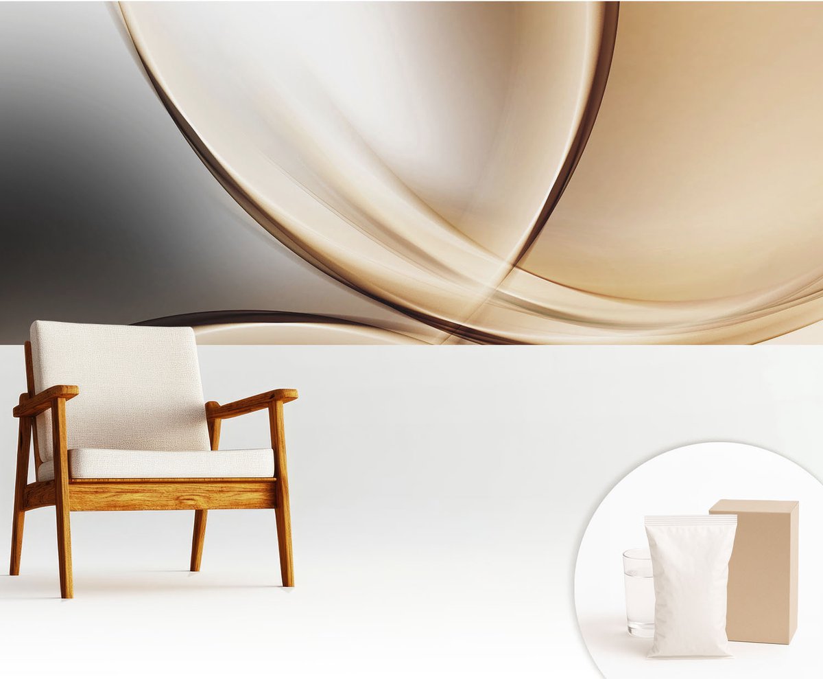 Wallfluent Fotobehang - Beige Vliesbehang - 250x104 cm - Afgeronde Lijnen Fotobehang Vlies - Hal behang Abstractie - Muurschildering - Woonkamer behang