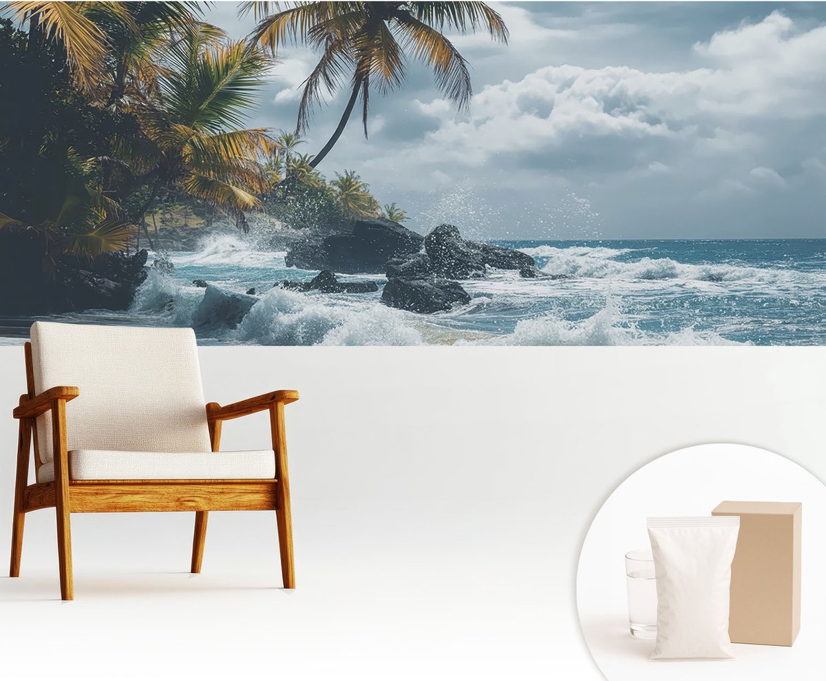 Wallfluent Fotobehang - Blauw Vliesbehang - 250x104 cm - Exotisch Strand Muurschildering - Slaapkamer behang Landschappen - Fotobehang Vlies - Gang behang
