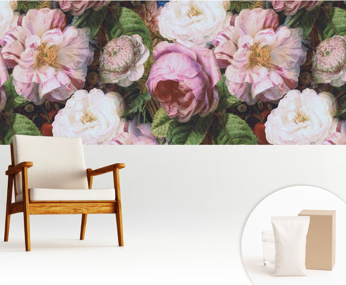 Wallfluent Fotobehang - Roze Vliesbehang - 250x104 cm - Bloemige Elegantie Muurschildering - Slaapkamer behang Bloemen En Planten - Fotobehang Vlies - Slaapkamer behang