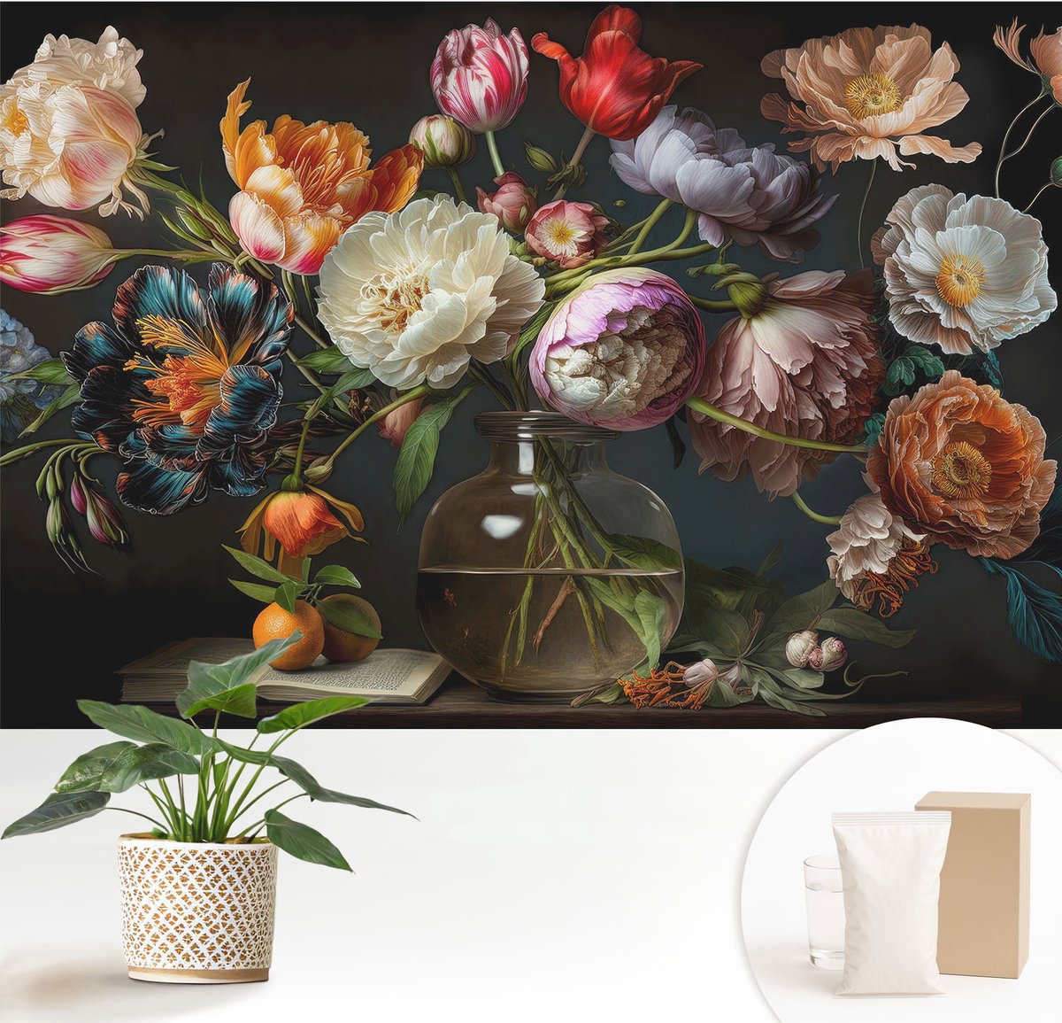 Wallfluent Fotobehang - Oranje Vliesbehang - 152x104 cm - Bloemenboeket Fotobehang Vlies - Woonkamer behang Bloemen En Planten - Muurschildering - Hal behang