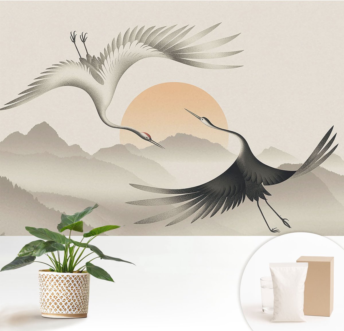 Wallfluent Fotobehang - Wit Vliesbehang - 152x104 cm - Oostelijke Kranen Muurschildering - Slaapkamer behang Landschappen - Fotobehang Vlies - Slaapkamer behang