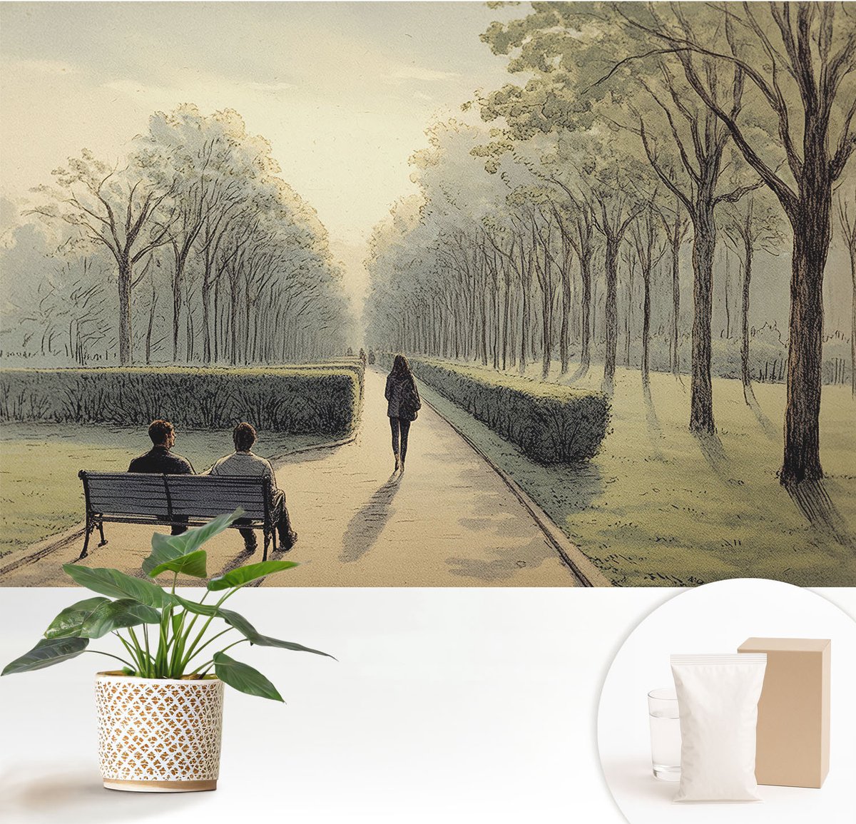 Wallfluent Fotobehang - Groente Vliesbehang - 152x104 cm - Park Vrede Muurschildering - Gang behang Landschappen - Fotobehang Vlies - Slaapkamer behang