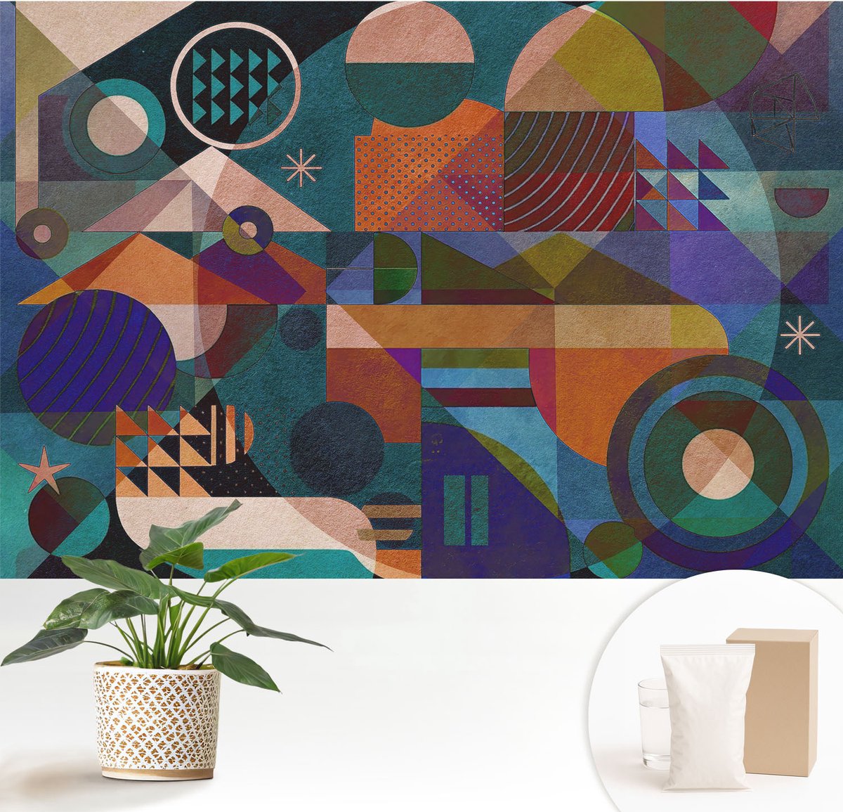 Wallfluent Fotobehang - Groente Vliesbehang - 152x104 cm - Geometrische Kunst Fotobehang Vlies - Woonkamer behang Abstractie - Muurschildering - Woonkamer behang