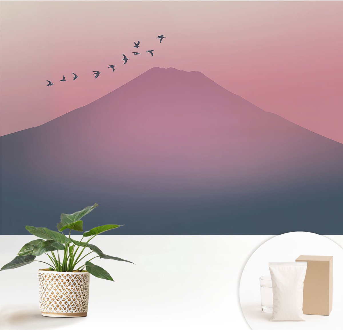 Wallfluent Fotobehang - Roze Vliesbehang - 152x104 cm - Bergwesten Muurschildering - Slaapkamer behang Landschappen - Fotobehang Vlies - Slaapkamer behang
