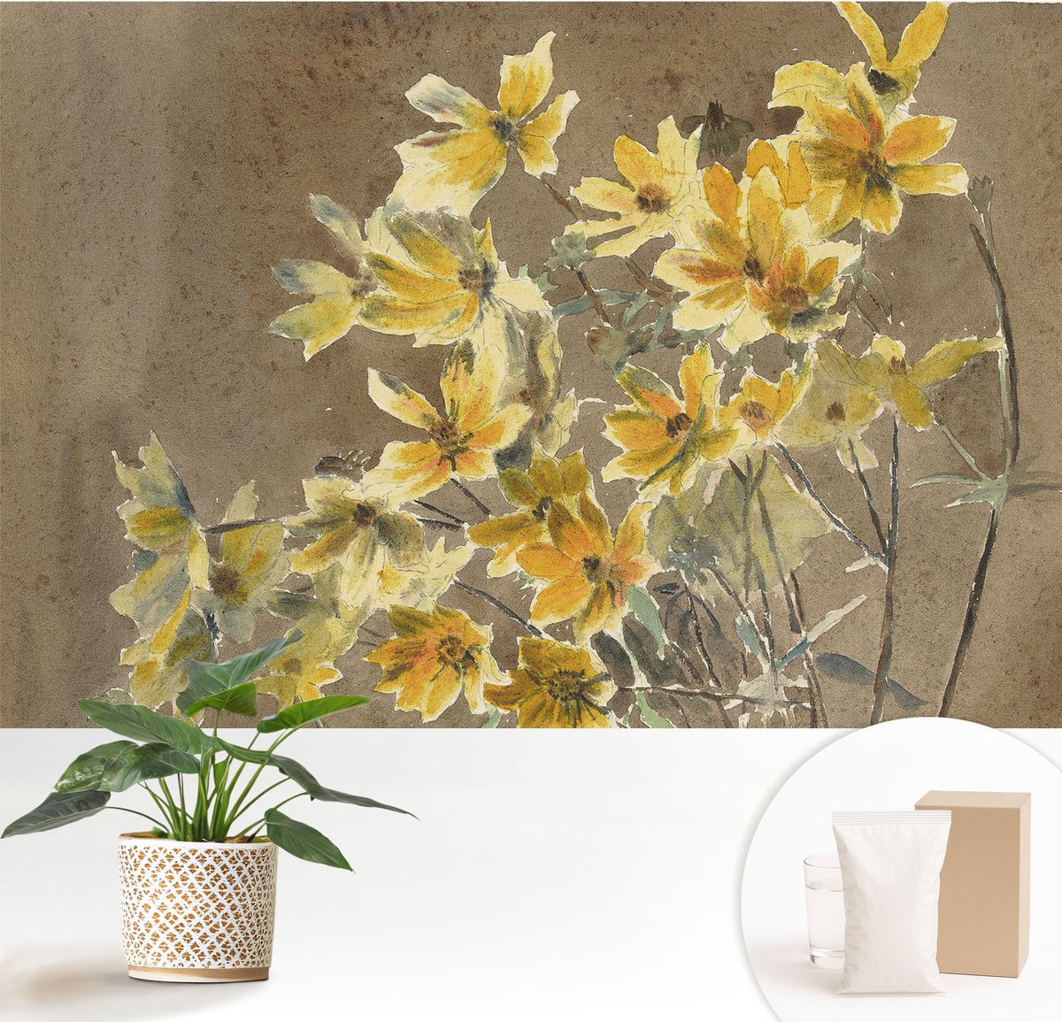 Wallfluent Fotobehang - Bruin Vliesbehang - 152x104 cm - Zonnig Boeket Muurschildering - Gang behang Bloemen En Planten - Fotobehang Vlies - Slaapkamer behang