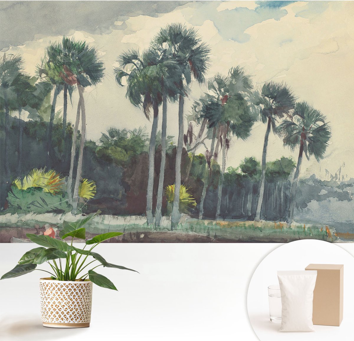 Wallfluent Fotobehang - Groente Vliesbehang - 152x104 cm - Exotische Palmbomen Fotobehang Vlies - Woonkamer behang Landschappen - Muurschildering - Woonkamer behang