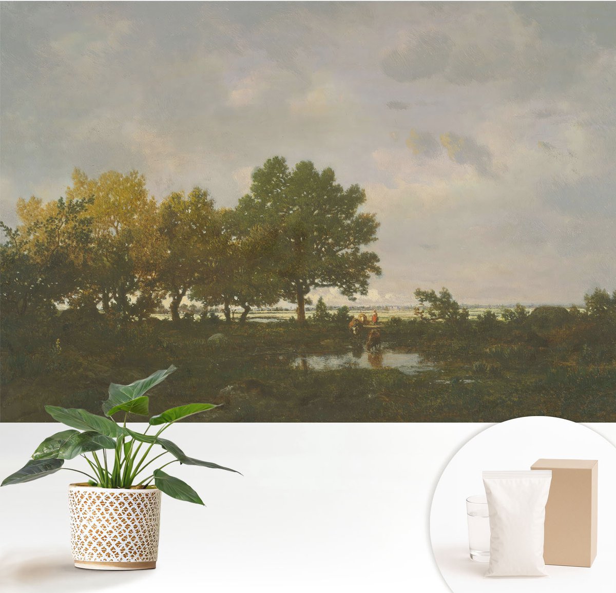 Wallfluent Fotobehang - Grijs Vliesbehang - 152x104 cm - Boslandschap Muurschildering - Gang behang Landschappen - Fotobehang Vlies - Gang behang