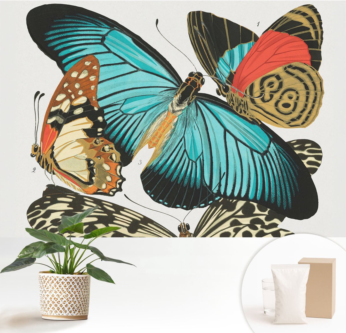 Wallfluent Fotobehang - Turkoois Vliesbehang - 152x104 cm - Kleurrijke Vlinders Muurschildering - Slaapkamer behang Dieren - Fotobehang Vlies - Gang behang