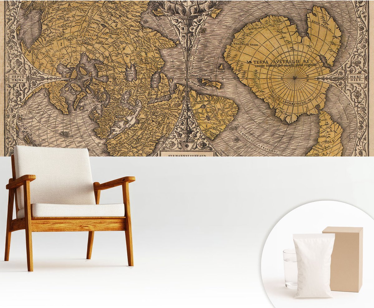 Wallfluent Fotobehang - Geel Vliesbehang - 250x104 cm - Historische Cartografie Muurschildering - Slaapkamer behang Kaarten - Fotobehang Vlies - Slaapkamer behang
